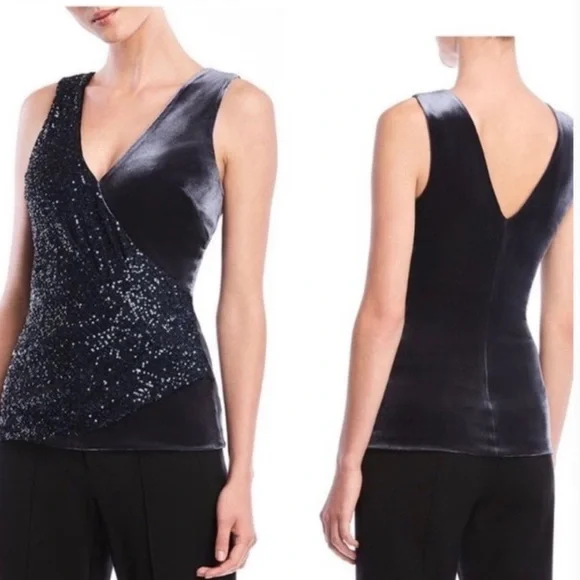 Bailey 44 Eva Sequin Velvet Surplice Wrap Tank Top Large Black Sparkly Sexy - Picture 7 of 16